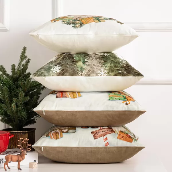 Phantoscope Pack of 4 Merry Christmas Decorative Soft Velvet Throw Pillow Cover with Snowflake Elk and Tree Cushion Covers for Xmas Couch Sofa Green 18 x 18 ampamp 12 x 20 inchesSanta Beige