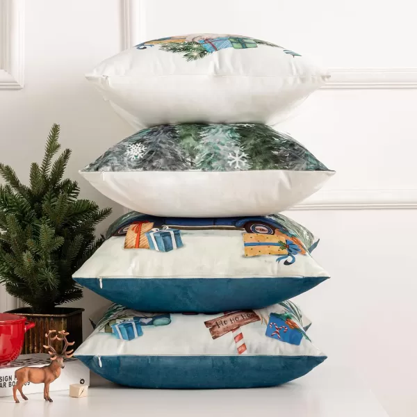 Phantoscope Pack of 4 Merry Christmas Decorative Soft Velvet Throw Pillow Cover with Snowflake Elk and Tree Cushion Covers for Xmas Couch Sofa Green 18 x 18 ampamp 12 x 20 inchesSanta Blue