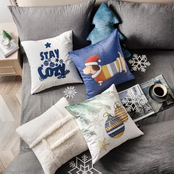 Phantoscope Pack of 4 Merry Christmas Decorative Soft Velvet Throw Pillow Cover with Snowflake Elk and Tree Cushion Covers for Xmas Couch Sofa Green 18 x 18 ampamp 12 x 20 inchesSherpadark Blue