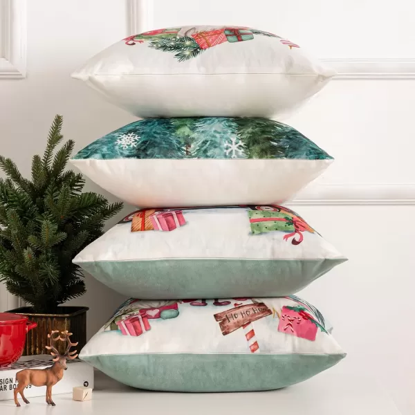 Phantoscope Pack of 4 Merry Christmas Decorative Soft Velvet Throw Pillow Cover with Snowflake Elk and Tree Cushion Covers for Xmas Couch Sofa Green 18 x 18 ampamp 12 x 20 inchesSanta Pink