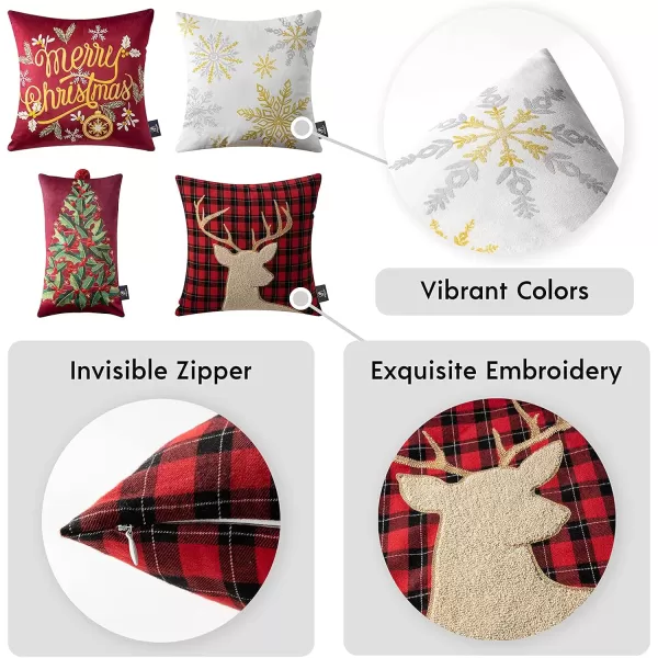 Phantoscope Pack of 4 Merry Christmas Decorative Soft Velvet Throw Pillow Cover with Snowflake Elk and Tree Cushion Covers for Xmas Couch Sofa Green 18 x 18 ampamp 12 x 20 inchesRed