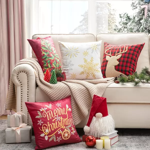 Phantoscope Pack of 4 Merry Christmas Decorative Soft Velvet Throw Pillow Cover with Snowflake Elk and Tree Cushion Covers for Xmas Couch Sofa Green 18 x 18 ampamp 12 x 20 inchesRed