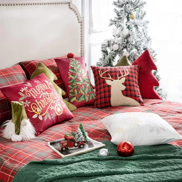 Phantoscope Pack of 4 Merry Christmas Decorative Soft Velvet Throw Pillow Cover with Snowflake Elk and Tree Cushion Covers for Xmas Couch Sofa Green 18 x 18 ampamp 12 x 20 inchesRed