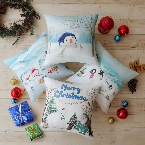 Phantoscope Pack of 4 Merry Christmas Decorative Soft Velvet Throw Pillow Cover with Snowflake Elk and Tree Cushion Covers for Xmas Couch Sofa Green 18 x 18 ampamp 12 x 20 inchesLight Blue Snowman
