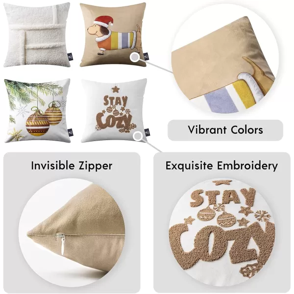 Phantoscope Pack of 4 Merry Christmas Decorative Soft Velvet Throw Pillow Cover with Snowflake Elk and Tree Cushion Covers for Xmas Couch Sofa Green 18 x 18 ampamp 12 x 20 inchesSherpabeige