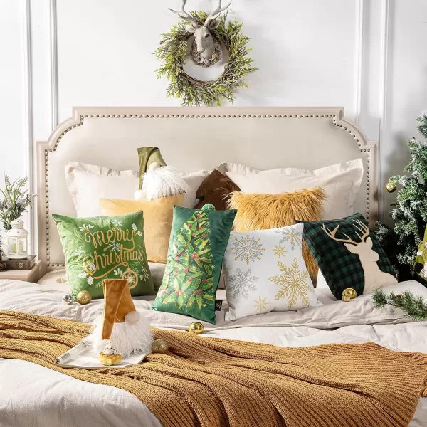 Phantoscope Pack of 4 Merry Christmas Decorative Soft Velvet Throw Pillow Cover with Snowflake Elk and Tree Cushion Covers for Xmas Couch Sofa Green 18 x 18 ampamp 12 x 20 inchesGreen