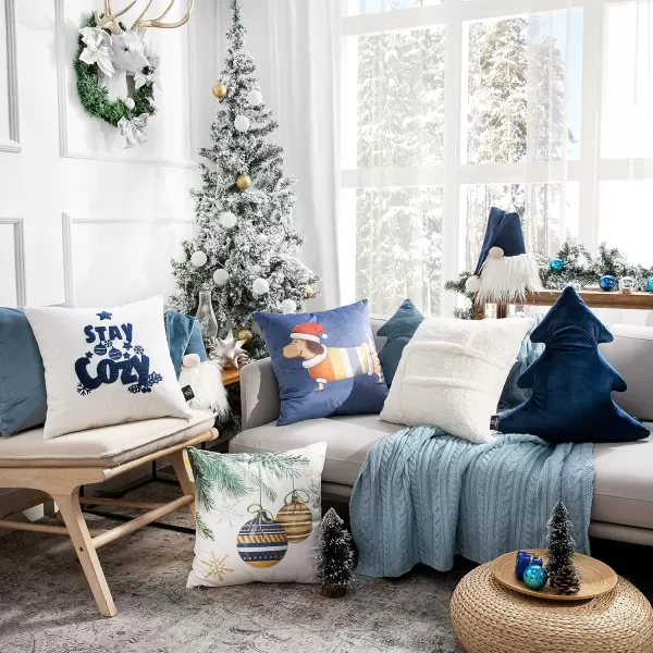 Phantoscope Pack of 4 Merry Christmas Decorative Soft Velvet Throw Pillow Cover with Snowflake Elk and Tree Cushion Covers for Xmas Couch Sofa Green 18 x 18 ampamp 12 x 20 inchesSherpadark Blue
