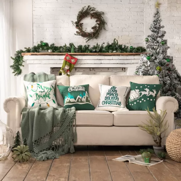 Phantoscope Pack of 4 Merry Christmas Decorative Soft Velvet Throw Pillow Cover with Snowflake Elk and Tree Cushion Covers for Xmas Couch Sofa Green 18 x 18 ampamp 12 x 20 inchesGreen and White