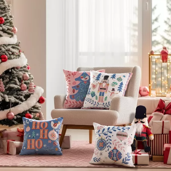 Phantoscope Pack of 4 Merry Christmas Decorative Soft Velvet Throw Pillow Cover with Snowflake Elk and Tree Cushion Covers for Xmas Couch Sofa Green 18 x 18 ampamp 12 x 20 inchesNutcracker Pink and Blue
