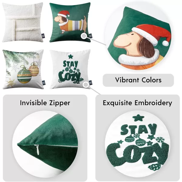 Phantoscope Pack of 4 Merry Christmas Decorative Soft Velvet Throw Pillow Cover with Snowflake Elk and Tree Cushion Covers for Xmas Couch Sofa Green 18 x 18 ampamp 12 x 20 inchesSherpagreen White