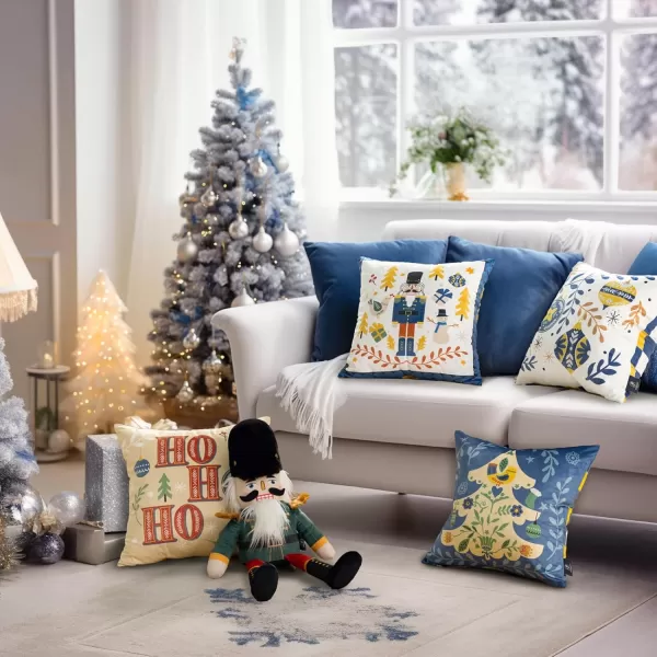 Phantoscope Pack of 4 Merry Christmas Decorative Soft Velvet Throw Pillow Cover with Snowflake Elk and Tree Cushion Covers for Xmas Couch Sofa Green 18 x 18 ampamp 12 x 20 inchesNutcracker Navy and Gold