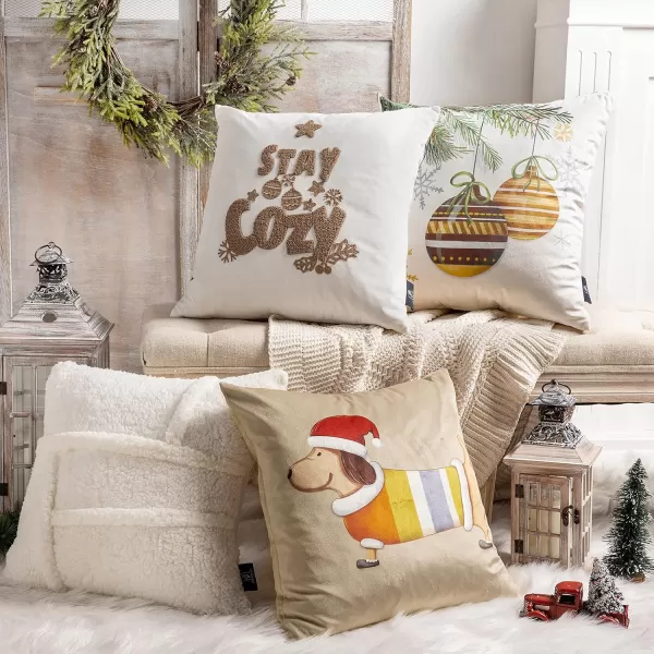 Phantoscope Pack of 4 Merry Christmas Decorative Soft Velvet Throw Pillow Cover with Snowflake Elk and Tree Cushion Covers for Xmas Couch Sofa Green 18 x 18 ampamp 12 x 20 inchesSherpabeige