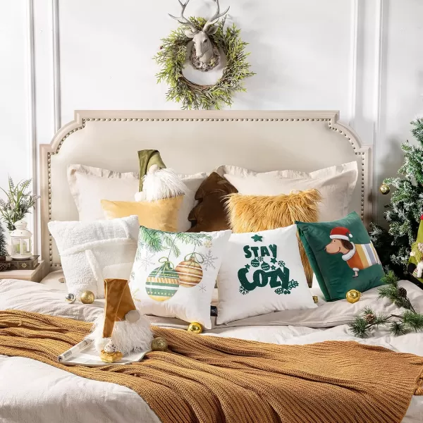 Phantoscope Pack of 4 Merry Christmas Decorative Soft Velvet Throw Pillow Cover with Snowflake Elk and Tree Cushion Covers for Xmas Couch Sofa Green 18 x 18 ampamp 12 x 20 inchesSherpagreen White