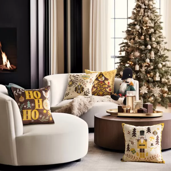 Phantoscope Pack of 4 Merry Christmas Decorative Soft Velvet Throw Pillow Cover with Snowflake Elk and Tree Cushion Covers for Xmas Couch Sofa Green 18 x 18 ampamp 12 x 20 inchesNutcracker Yellow and Coffee