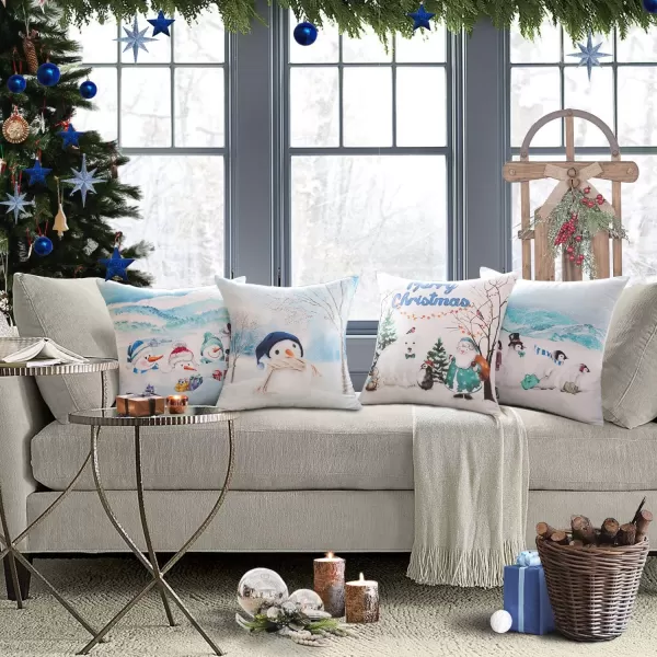 Phantoscope Pack of 4 Merry Christmas Decorative Soft Velvet Throw Pillow Cover with Snowflake Elk and Tree Cushion Covers for Xmas Couch Sofa Green 18 x 18 ampamp 12 x 20 inchesLight Blue Snowman