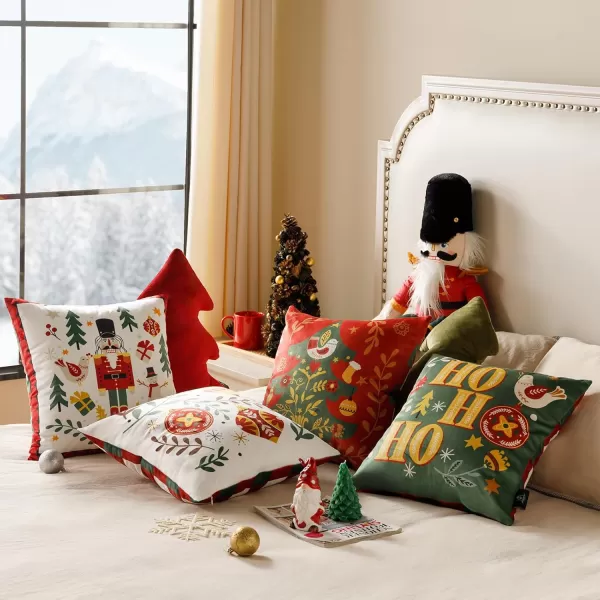 Phantoscope Pack of 4 Merry Christmas Decorative Soft Velvet Throw Pillow Cover with Snowflake Elk and Tree Cushion Covers for Xmas Couch Sofa Green 18 x 18 ampamp 12 x 20 inchesNutcracker Red and Green