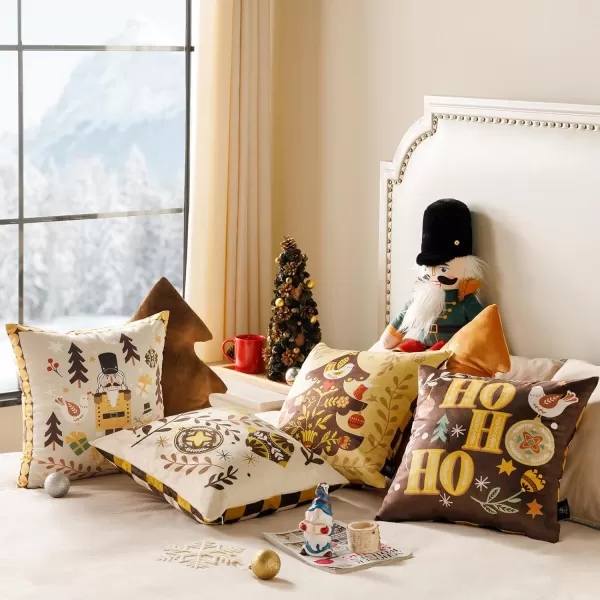 Phantoscope Pack of 4 Merry Christmas Decorative Soft Velvet Throw Pillow Cover with Snowflake Elk and Tree Cushion Covers for Xmas Couch Sofa Green 18 x 18 ampamp 12 x 20 inchesNutcracker Yellow and Coffee