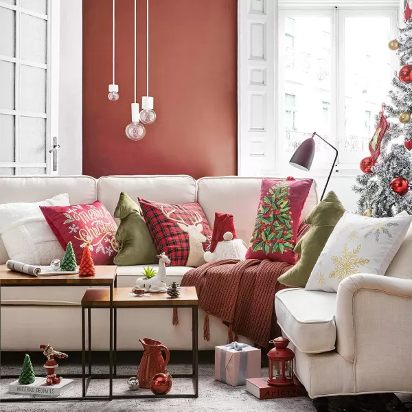 Phantoscope Pack of 4 Merry Christmas Decorative Soft Velvet Throw Pillow Cover with Snowflake Elk and Tree Cushion Covers for Xmas Couch Sofa Green 18 x 18 ampamp 12 x 20 inchesRed
