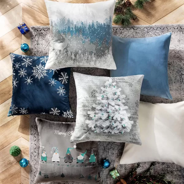 Phantoscope Pack of 4 Merry Christmas Decorative Velvet Embroidery Throw Pillow Cover with Snowflake Trees Elves Elk Cushion Covers for Xmas Couch Sofa Blue and Grey 18 x 18 inches 45 x 45cmBlue and Grey