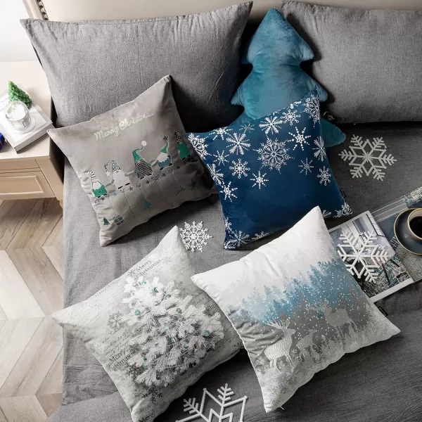 Phantoscope Pack of 4 Merry Christmas Decorative Velvet Embroidery Throw Pillow Cover with Snowflake Trees Elves Elk Cushion Covers for Xmas Couch Sofa Blue and Grey 18 x 18 inches 45 x 45cmBlue and Grey