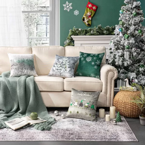 Phantoscope Pack of 4 Merry Christmas Decorative Velvet Embroidery Throw Pillow Cover with Snowflake Trees Elves Elk Cushion Covers for Xmas Couch Sofa Blue and Grey 18 x 18 inches 45 x 45cmGreen and Grey