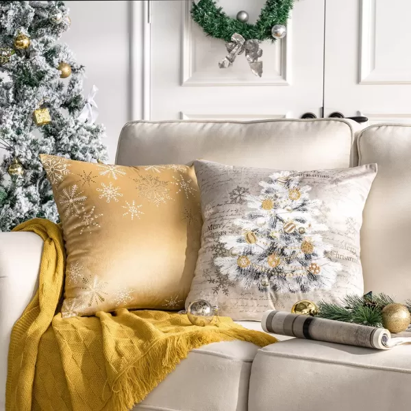 Phantoscope Pack of 4 Merry Christmas Decorative Velvet Embroidery Throw Pillow Cover with Snowflake Trees Elves Elk Cushion Covers for Xmas Couch Sofa Blue and Grey 18 x 18 inches 45 x 45cmBeige