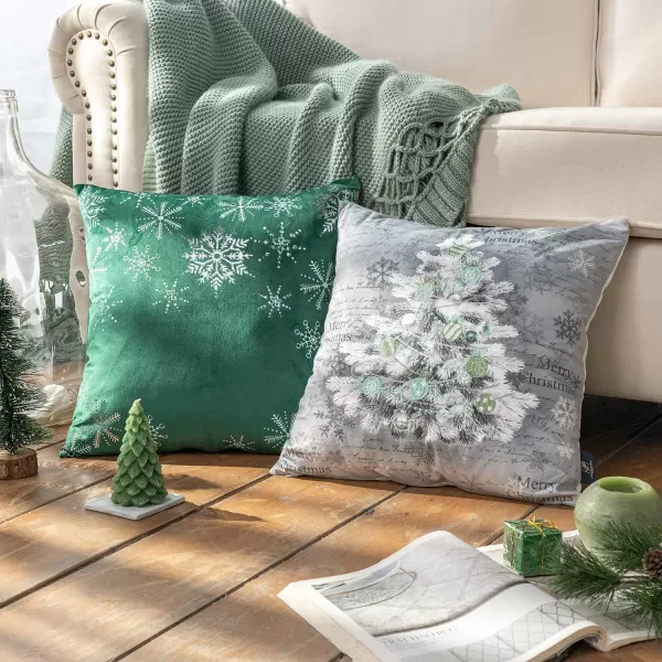 Phantoscope Pack of 4 Merry Christmas Decorative Velvet Embroidery Throw Pillow Cover with Snowflake Trees Elves Elk Cushion Covers for Xmas Couch Sofa Blue and Grey 18 x 18 inches 45 x 45cmGreen and Grey