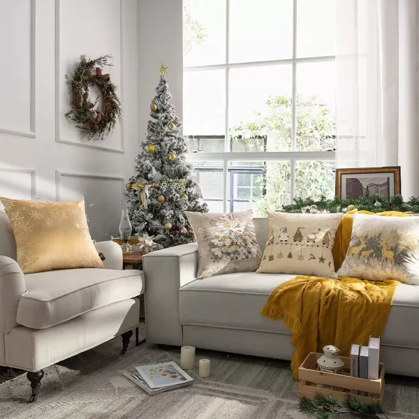Phantoscope Pack of 4 Merry Christmas Decorative Velvet Embroidery Throw Pillow Cover with Snowflake Trees Elves Elk Cushion Covers for Xmas Couch Sofa Blue and Grey 18 x 18 inches 45 x 45cmBeige