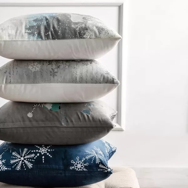 Phantoscope Pack of 4 Merry Christmas Decorative Velvet Embroidery Throw Pillow Cover with Snowflake Trees Elves Elk Cushion Covers for Xmas Couch Sofa Blue and Grey 18 x 18 inches 45 x 45cmBlue and Grey