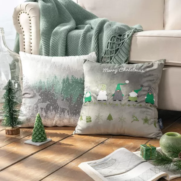 Phantoscope Pack of 4 Merry Christmas Decorative Velvet Embroidery Throw Pillow Cover with Snowflake Trees Elves Elk Cushion Covers for Xmas Couch Sofa Blue and Grey 18 x 18 inches 45 x 45cmGreen and Grey
