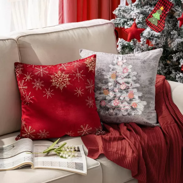 Phantoscope Pack of 4 Merry Christmas Decorative Velvet Embroidery Throw Pillow Cover with Snowflake Trees Elves Elk Cushion Covers for Xmas Couch Sofa Blue and Grey 18 x 18 inches 45 x 45cmRed