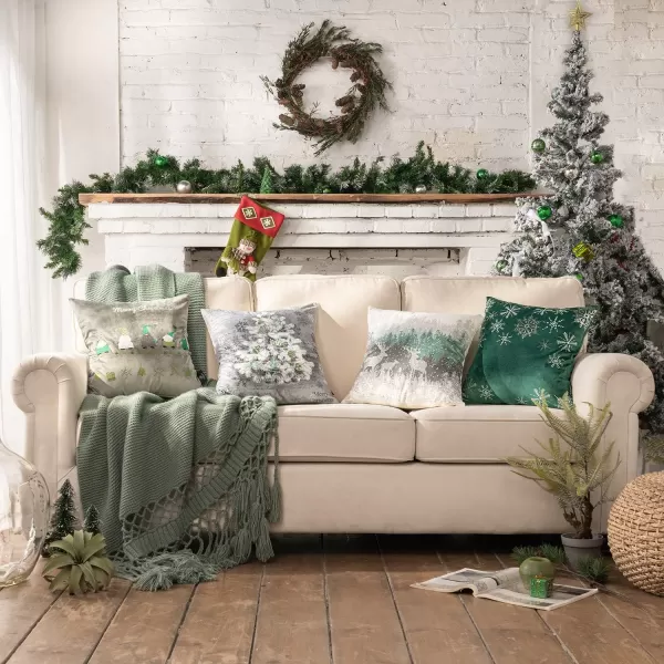Phantoscope Pack of 4 Merry Christmas Decorative Velvet Embroidery Throw Pillow Cover with Snowflake Trees Elves Elk Cushion Covers for Xmas Couch Sofa Blue and Grey 18 x 18 inches 45 x 45cmGreen and Grey