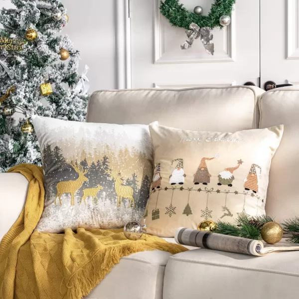 Phantoscope Pack of 4 Merry Christmas Decorative Velvet Embroidery Throw Pillow Cover with Snowflake Trees Elves Elk Cushion Covers for Xmas Couch Sofa Blue and Grey 18 x 18 inches 45 x 45cmBeige