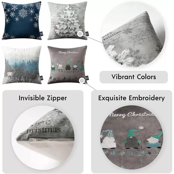 Phantoscope Pack of 4 Merry Christmas Decorative Velvet Embroidery Throw Pillow Cover with Snowflake Trees Elves Elk Cushion Covers for Xmas Couch Sofa Blue and Grey 18 x 18 inches 45 x 45cmBlue and Grey
