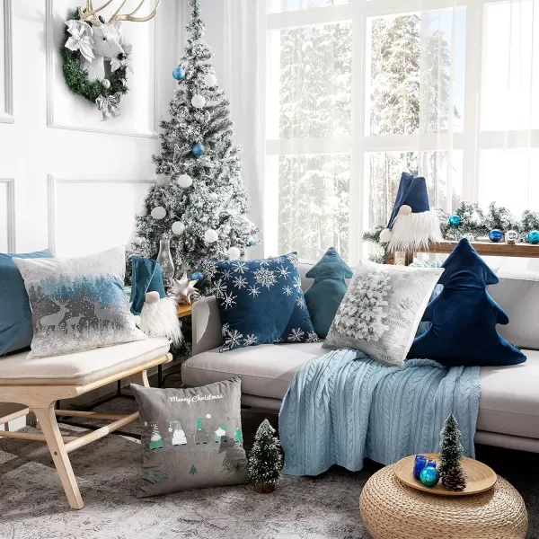 Phantoscope Pack of 4 Merry Christmas Decorative Velvet Embroidery Throw Pillow Cover with Snowflake Trees Elves Elk Cushion Covers for Xmas Couch Sofa Blue and Grey 18 x 18 inches 45 x 45cmBlue and Grey