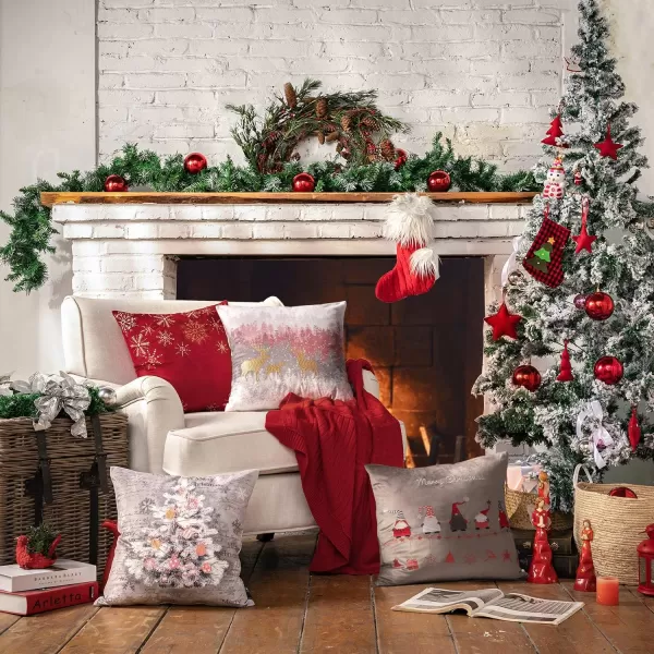 Phantoscope Pack of 4 Merry Christmas Decorative Velvet Embroidery Throw Pillow Cover with Snowflake Trees Elves Elk Cushion Covers for Xmas Couch Sofa Blue and Grey 18 x 18 inches 45 x 45cmRed