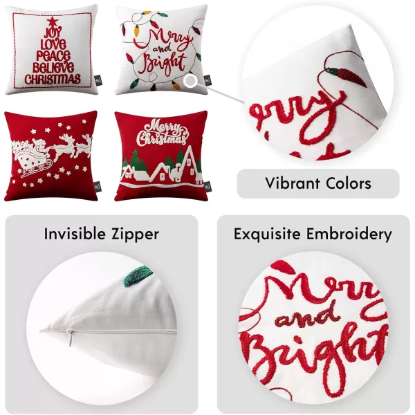 Phantoscope Set of 4 Merry Christmas Decorative Cotton Canvas Throw Pillow Covers with Embroidered Letter Santa Elk Latern Cushion Cover for Xmas Couch Sofa Red 18 x 18 inchesRed