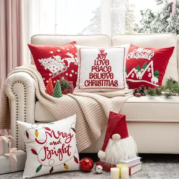 Phantoscope Set of 4 Merry Christmas Decorative Cotton Canvas Throw Pillow Covers with Embroidered Letter Santa Elk Latern Cushion Cover for Xmas Couch Sofa Red 18 x 18 inchesRed