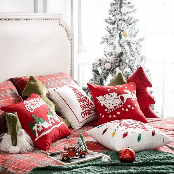 Phantoscope Set of 4 Merry Christmas Decorative Cotton Canvas Throw Pillow Covers with Embroidered Letter Santa Elk Latern Cushion Cover for Xmas Couch Sofa Red 18 x 18 inchesRed