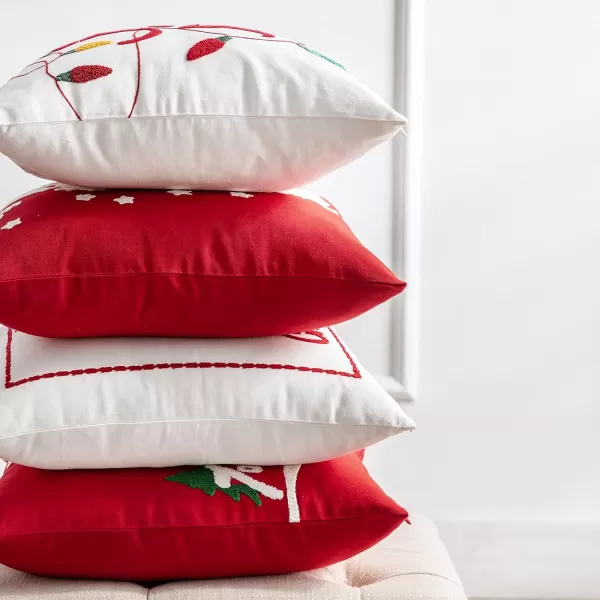 Phantoscope Set of 4 Merry Christmas Decorative Cotton Canvas Throw Pillow Covers with Embroidered Letter Santa Elk Latern Cushion Cover for Xmas Couch Sofa Red 18 x 18 inchesRed