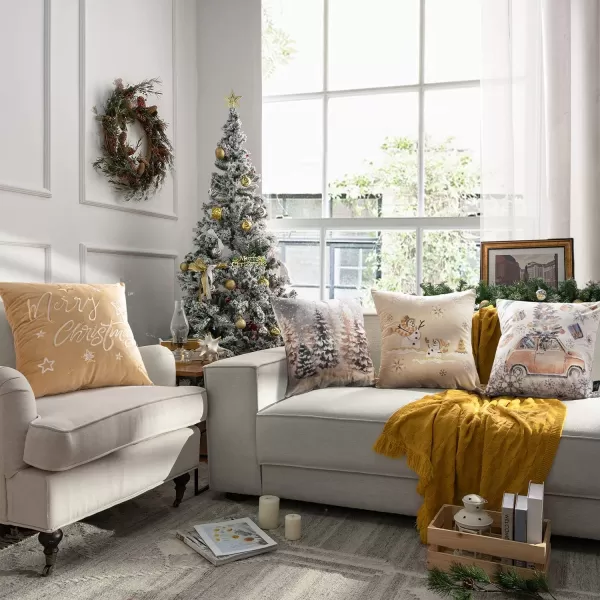Phantoscope Set of 4 Merry Christmas Decorative Print and Embroidery Velvet Throw Pillow Covers Snowman Star Snowflake Tree Cushion Cover Green 18 x 18 inches 45 x 45 cmBeige