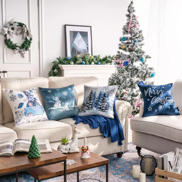 Phantoscope Set of 4 Merry Christmas Decorative Print and Embroidery Velvet Throw Pillow Covers Snowman Star Snowflake Tree Cushion Cover Green 18 x 18 inches 45 x 45 cmBlue