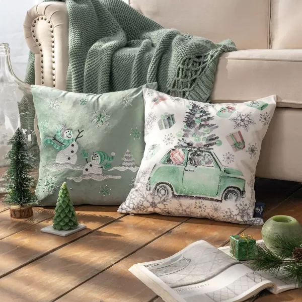 Phantoscope Set of 4 Merry Christmas Decorative Print and Embroidery Velvet Throw Pillow Covers Snowman Star Snowflake Tree Cushion Cover Green 18 x 18 inches 45 x 45 cmGreen