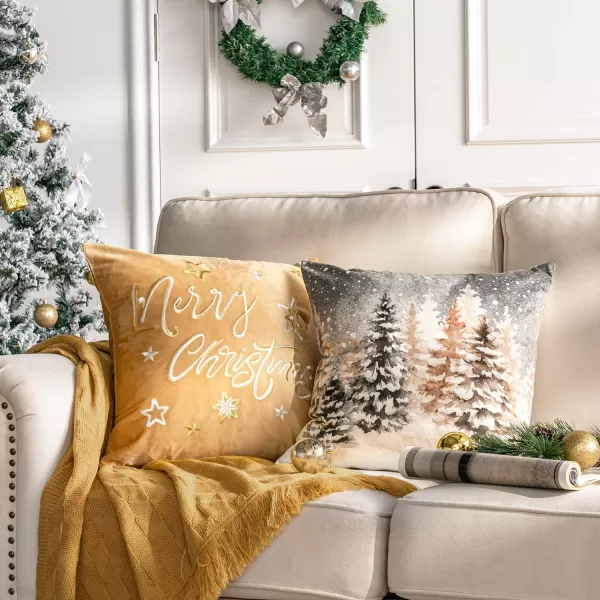 Phantoscope Set of 4 Merry Christmas Decorative Print and Embroidery Velvet Throw Pillow Covers Snowman Star Snowflake Tree Cushion Cover Green 18 x 18 inches 45 x 45 cmBeige