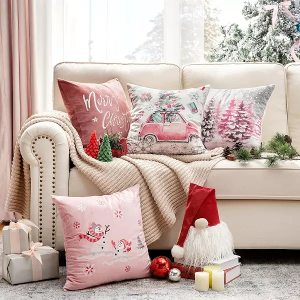 Phantoscope Set of 4 Merry Christmas Decorative Print and Embroidery Velvet Throw Pillow Covers Snowman Star Snowflake Tree Cushion Cover Green 18 x 18 inches 45 x 45 cmPink