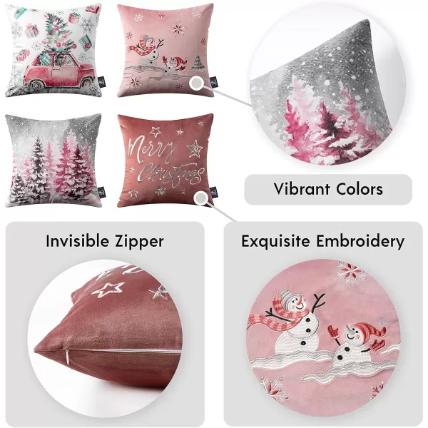 Phantoscope Set of 4 Merry Christmas Decorative Print and Embroidery Velvet Throw Pillow Covers Snowman Star Snowflake Tree Cushion Cover Green 18 x 18 inches 45 x 45 cmPink