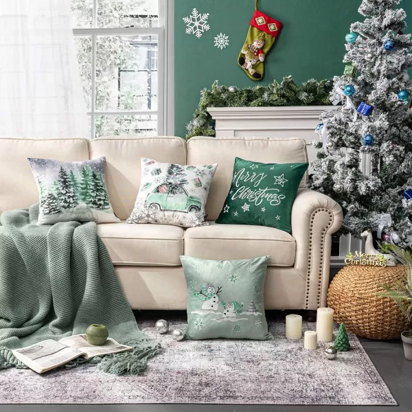 Phantoscope Set of 4 Merry Christmas Decorative Print and Embroidery Velvet Throw Pillow Covers Snowman Star Snowflake Tree Cushion Cover Green 18 x 18 inches 45 x 45 cmGreen