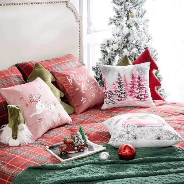 Phantoscope Set of 4 Merry Christmas Decorative Print and Embroidery Velvet Throw Pillow Covers Snowman Star Snowflake Tree Cushion Cover Green 18 x 18 inches 45 x 45 cmPink