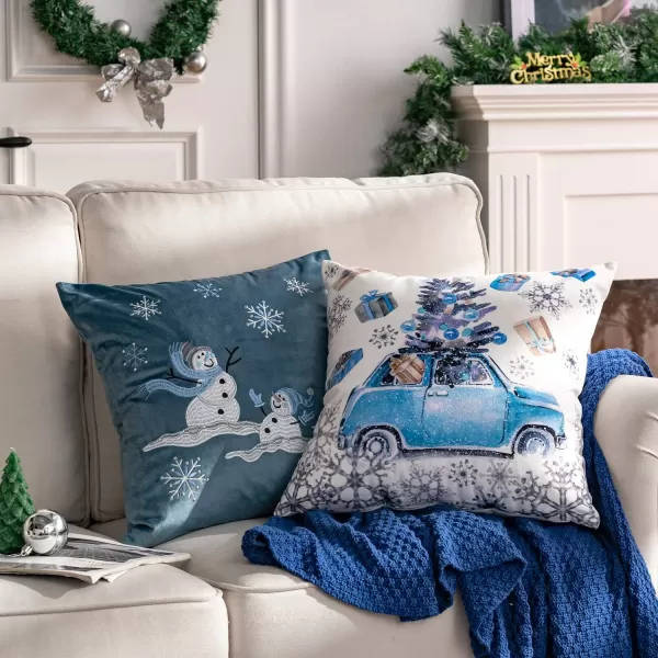 Phantoscope Set of 4 Merry Christmas Decorative Print and Embroidery Velvet Throw Pillow Covers Snowman Star Snowflake Tree Cushion Cover Green 18 x 18 inches 45 x 45 cmBlue