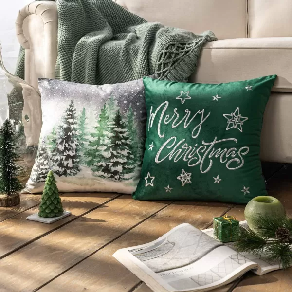 Phantoscope Set of 4 Merry Christmas Decorative Print and Embroidery Velvet Throw Pillow Covers Snowman Star Snowflake Tree Cushion Cover Green 18 x 18 inches 45 x 45 cmGreen
